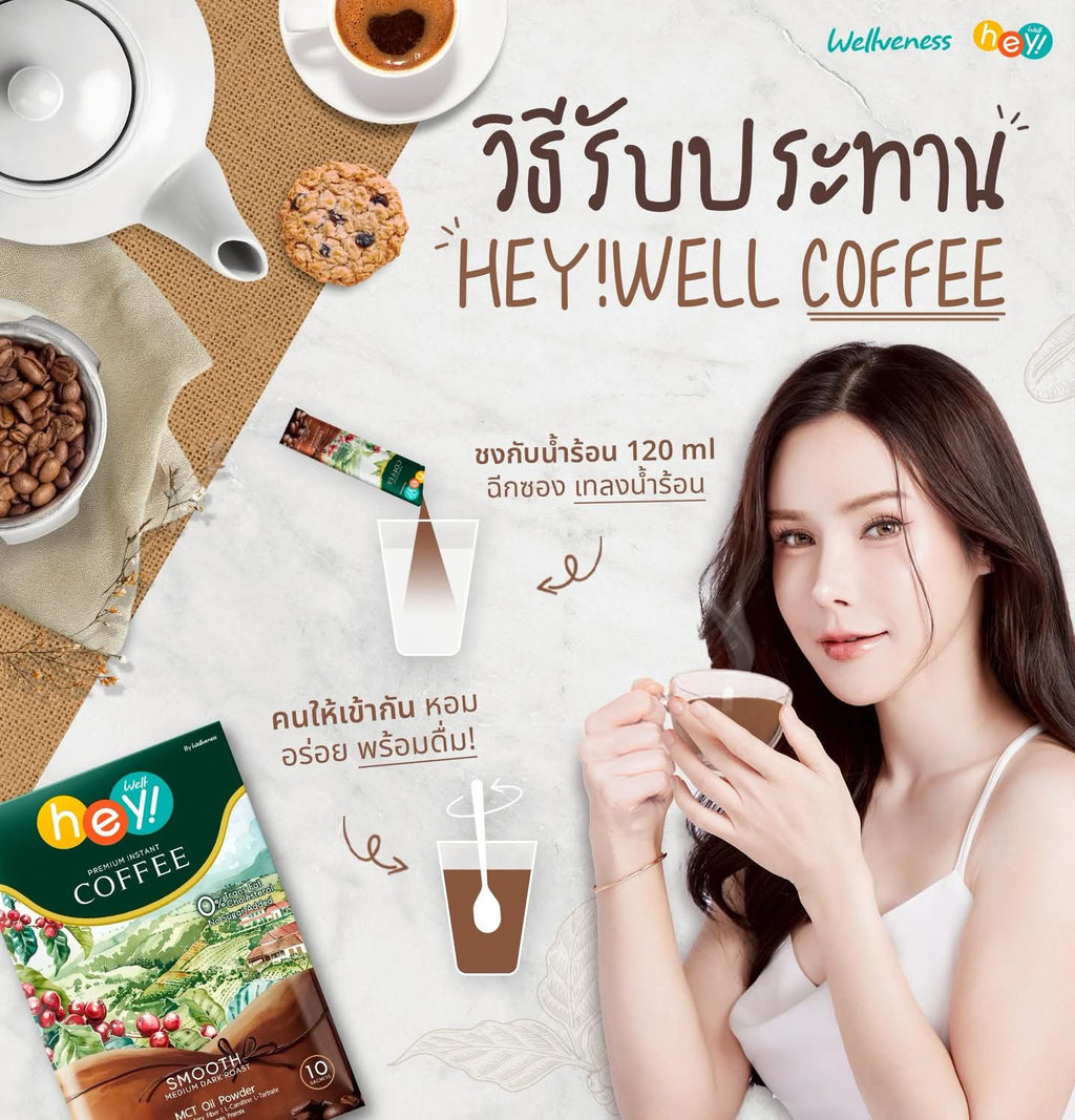 เวลคอฟฟี่ Hey! Well Coffee เวลวีเนส กาแฟเพื่อสุขภาพ กาแฟบล็อคเบรินส์ ไม่มีน้ำตาล ไม่มีครีมเทียม มีพรีไบโอติก