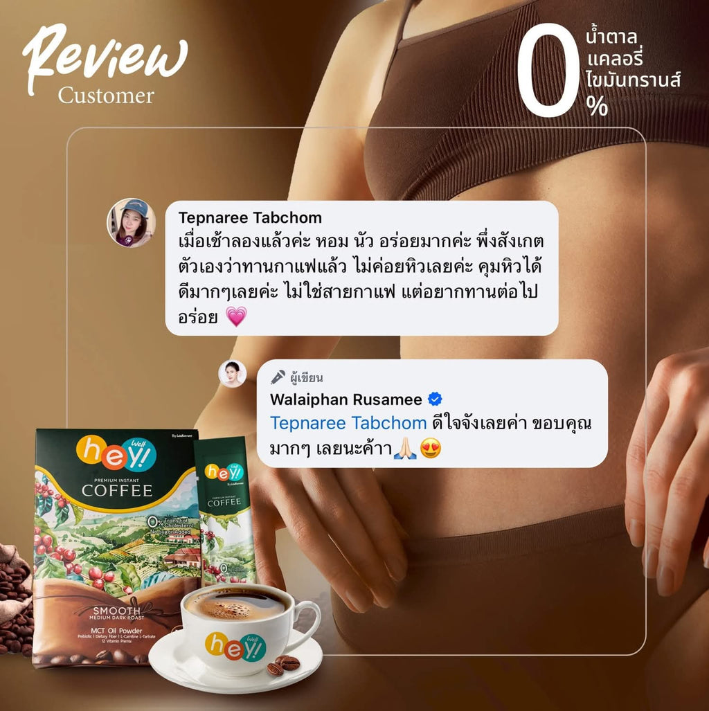 เวลคอฟฟี่ Hey! Well Coffee เวลวีเนส กาแฟเพื่อสุขภาพ กาแฟบล็อคเบรินส์ ไม่มีน้ำตาล ไม่มีครีมเทียม มีพรีไบโอติก