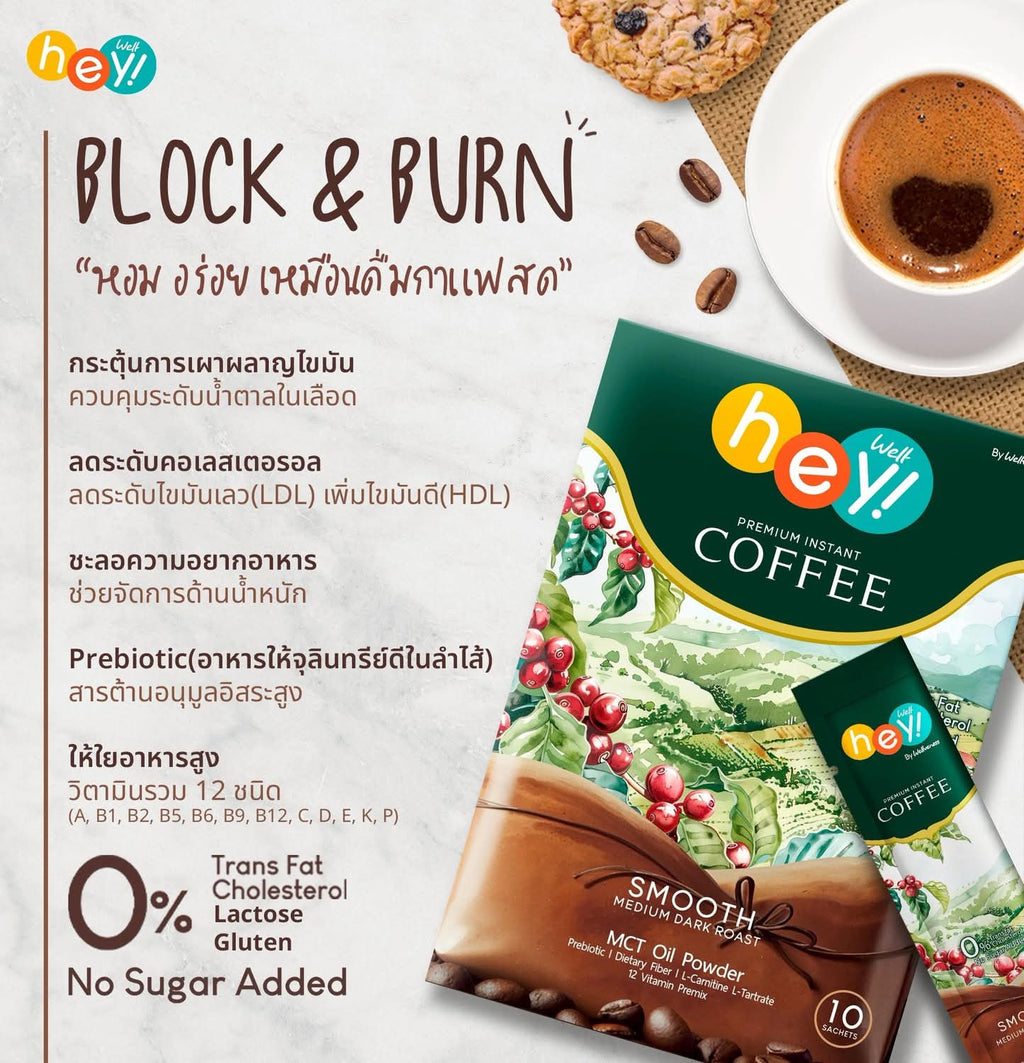 เวลคอฟฟี่ Hey! Well Coffee เวลวีเนส กาแฟเพื่อสุขภาพ กาแฟบล็อคเบรินส์ ไม่มีน้ำตาล ไม่มีครีมเทียม มีพรีไบโอติก